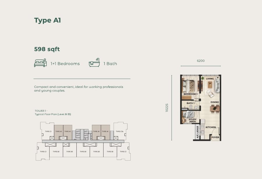 Type A1 1+1 Bedroom 598 sqft