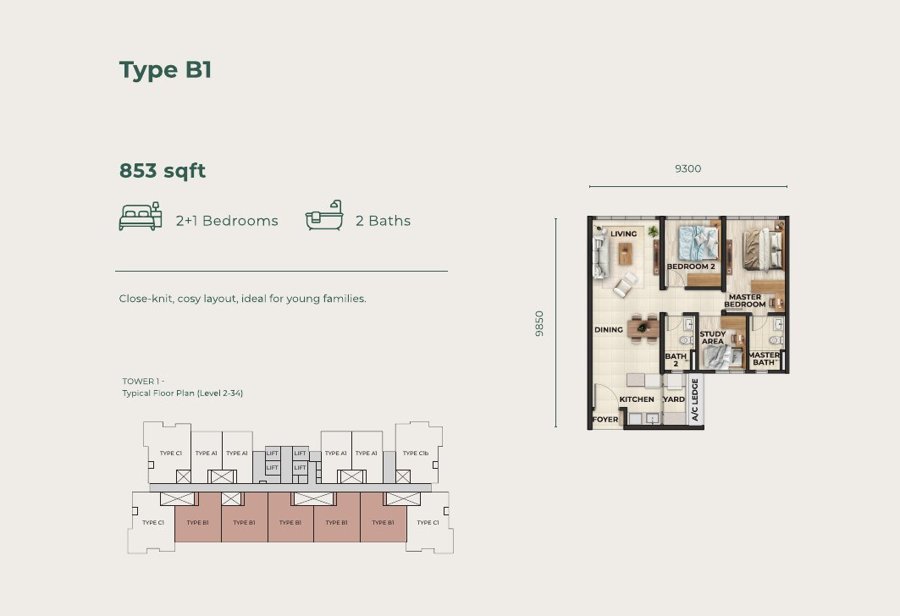 Type B1 2+1 Bedroom 853 sqft