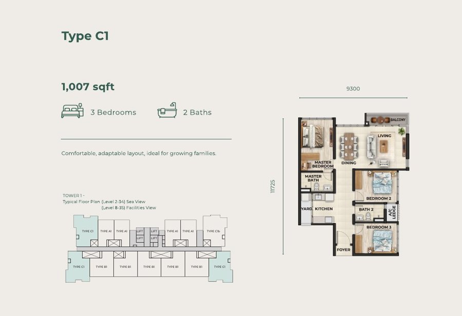 Type C1 3 Bedroom 1,007 sqft