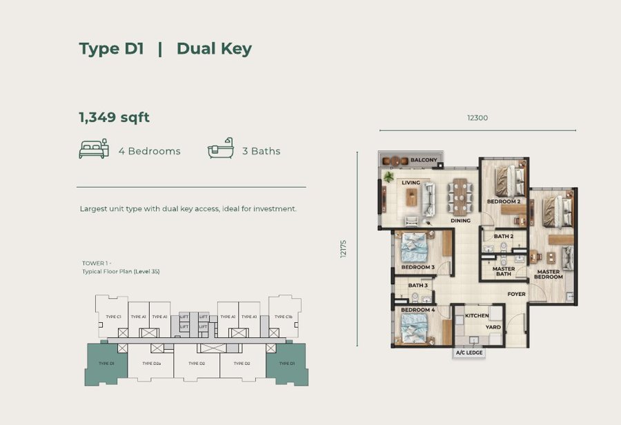 Type D1 Dual-Key 1,349 sqft