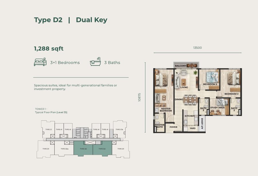 Type D2 Dual-Key 1,288 sqft