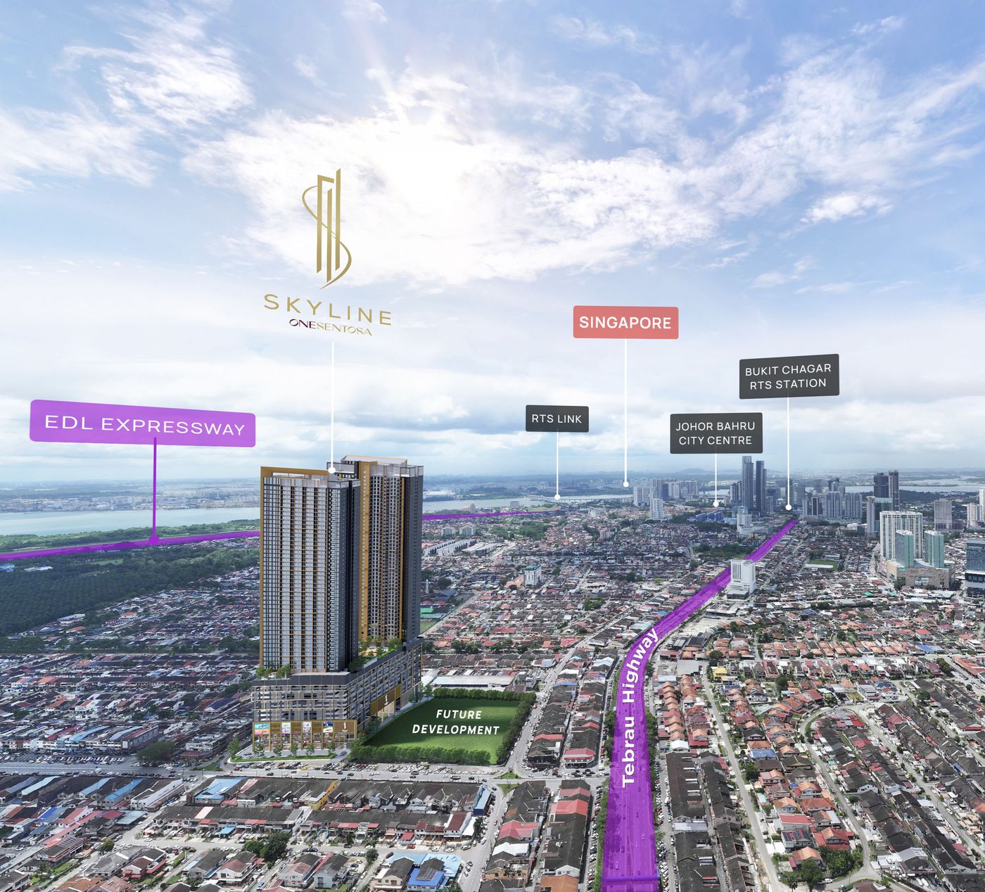 Skyline One Sentosa location: Tebrau Highway, EDL Expressway, RTS Link, Bukit Chagar RTS station and Singapore
