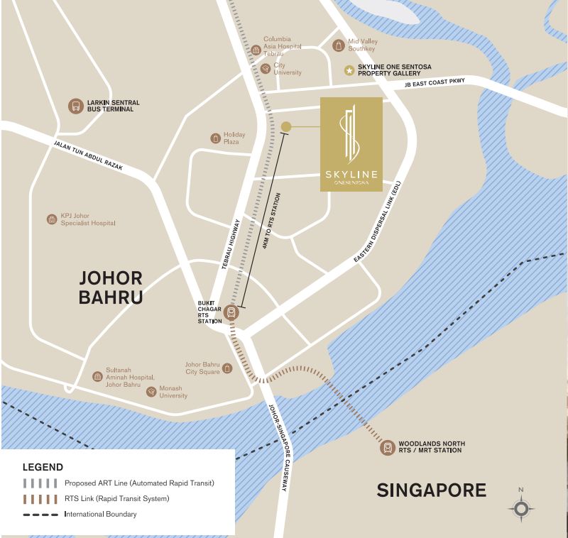 Location map of Skyline One Sentosa, Bukit Chagar RTS station and Woodlands North
