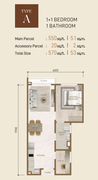 Type A floor plan, 1+1 bedroom, 570 sq ft