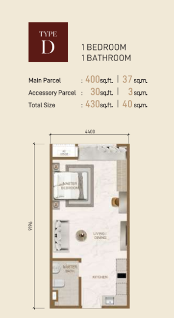 Type D floor plan, 1 bedroom, 430 sq ft